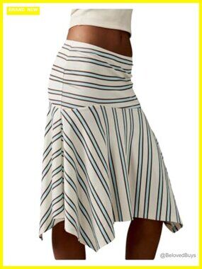 Striped Low Waist Flowy Midi Skirt Ruffle Asymmetrical Knee Length